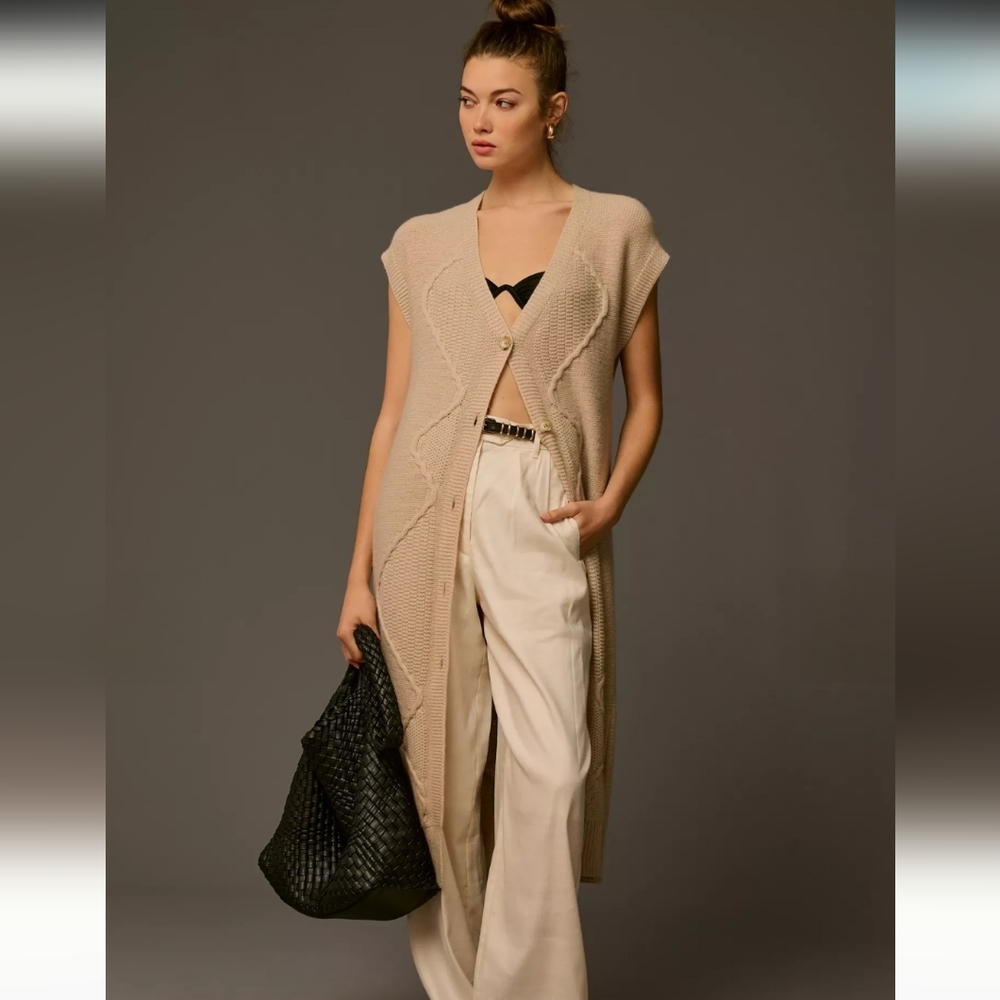 Anthropologie Long Knit Sleeveless Cardigan Vest in Beige